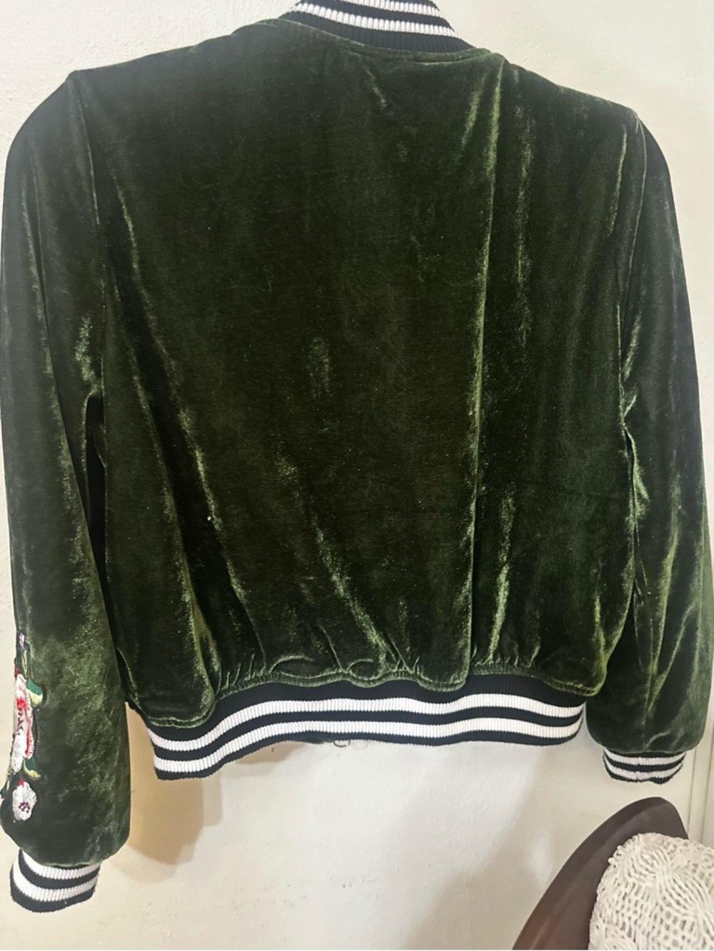 Embroidered Velvet Bomber Jacket - Olive Green Vintage Y2K - Picture 3 of 10